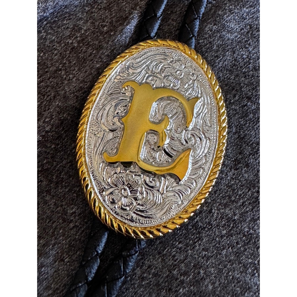 Aminco Heritage Collection Initial E Bolo Tie Two Tone Silver Gold Western 36in